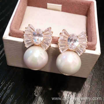 925 Silver Pearl Ear Studs Zircon White Pearl Earrings